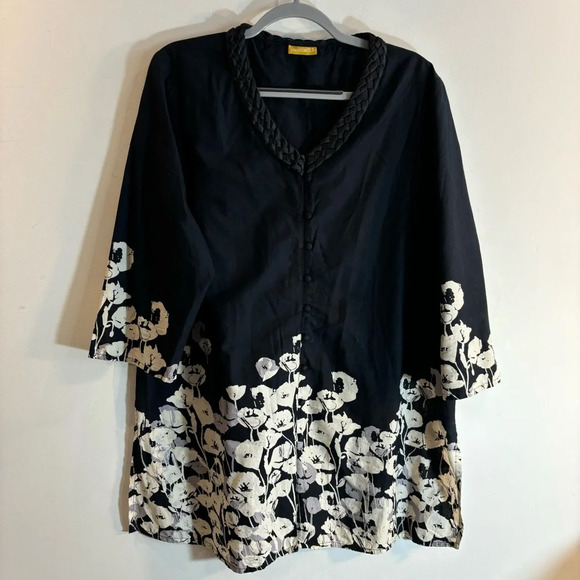 MUSTARD 5 Sz XL (estimated) Tunic Braided Neck Buttoned 3/4 Sleeves Floral Flowy - Picture 1 of 9